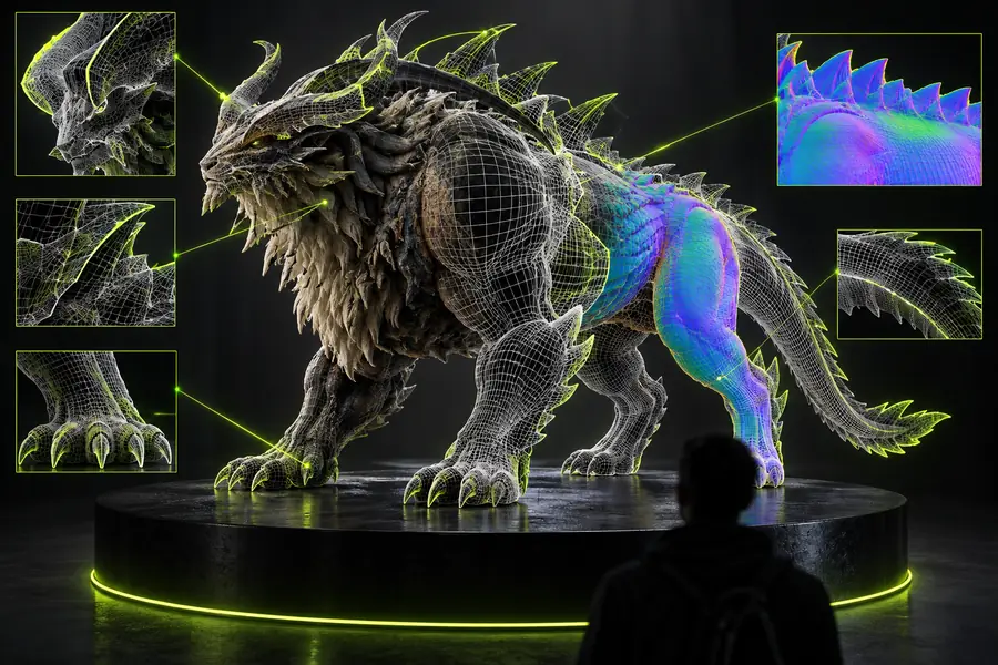 Illustration representing a GLB model being examined in Blender